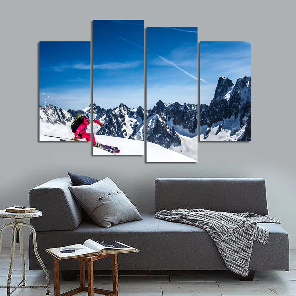 Unframed HD Fashion Printed Canvas Printings Alpine Skiing Painting Wall Art Home Decoration Poster 4 Panel Canvas