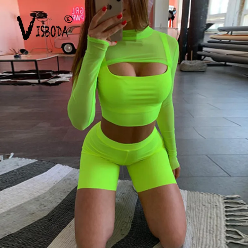 Женский комплект из 3 предметов для фитнеса сексуальные сетчатые шорты