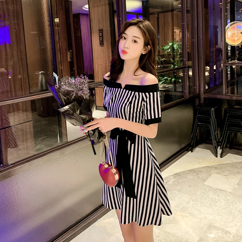 JIBAIYI Новинка 2019 года дамы тонкий полосатый короткий рукав платья для женщин с