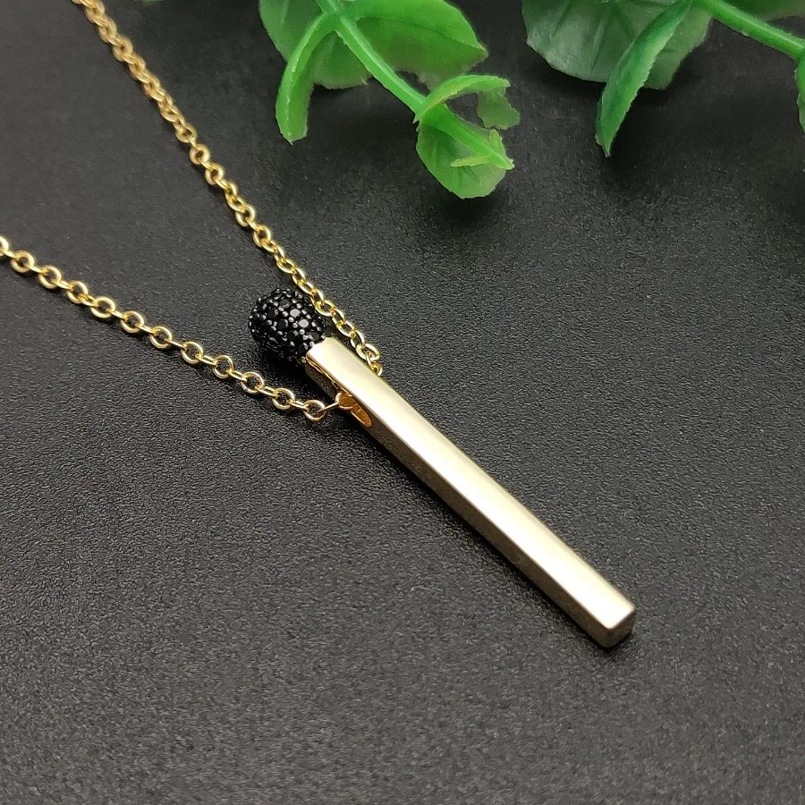 Золотые, серебряные, Matchstick, металлические подвески, черный CZ камень, установка спичек, цепочка из нержавеющей стали, ожерелье, модные женские ювелирные изделия