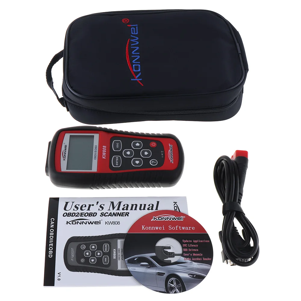 KONNWEI KW808 OBDII/EOBD многоязычный 12 в автомобильный диагностический инструмент декодирования неисправностей с черным Bge для США/Азии/Европы