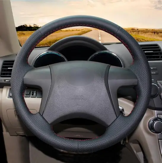 Черный искусственного кожаный чехол на руль для Toyota Highlander 2008 2009 2010 2011 2012 2013 2014 Camry