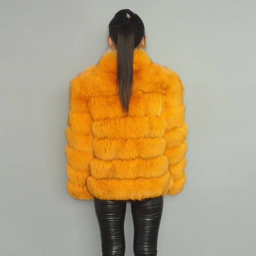 

Genuine Gold Orange Fox Fur Fur Transverse Stripes Coats Outwear Jackets Parka Winter Blazer Stand Up Collar Women Jacket Plus