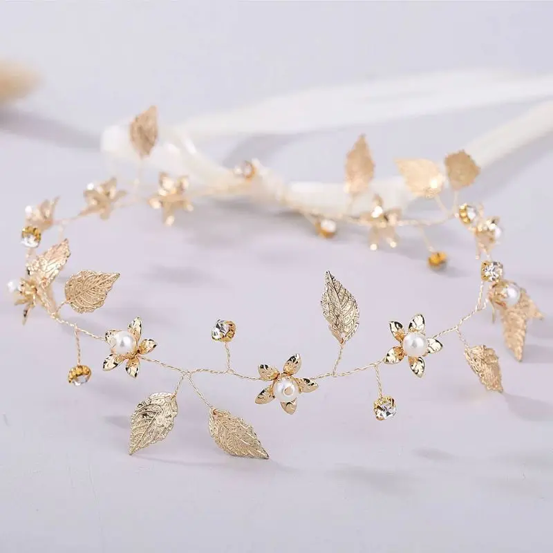 

Ladies Wedding Bridal Imitation Pearl Rhinestone Hair Hoop Romantic Metallic Gold Leaves Flower Headband Lace Up Ribbon Crown