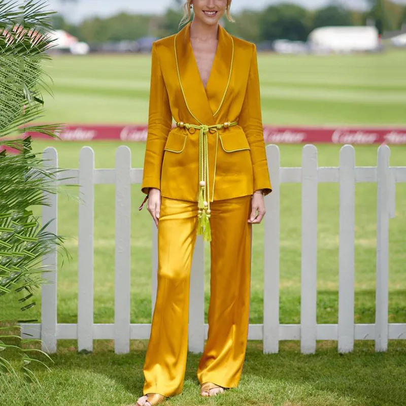 Женские костюмы с желтыми брюками блейзер длинным рукавом и ремнем осень 2018| |