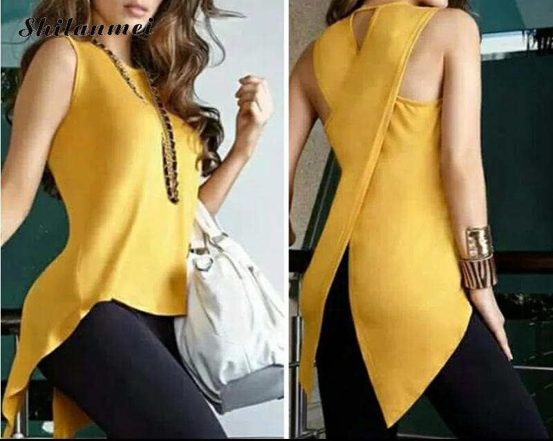 Womens Tops and Blouses Sleeveless Feminine Blouse Shirt 2018 Causal Loose Female Cross Irregular O-Neck Summer for Women |