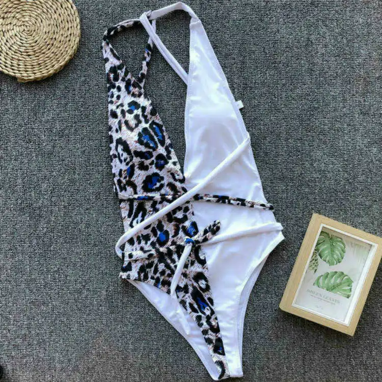 Леопардовый принт V образным вырезом Swimawear женский купальник пуш-ап мягкий женский бикини набор купальников Цельный купальный костюм Монокини - Цвет: Черный