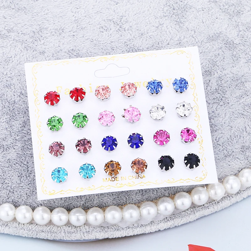 

WNGMNGL Hot Sale 2019 Fashion Jewelry Multicolor Cystal Stud Earrings For Women Anti-allergic Simple Round 12 Pair Stud Earring