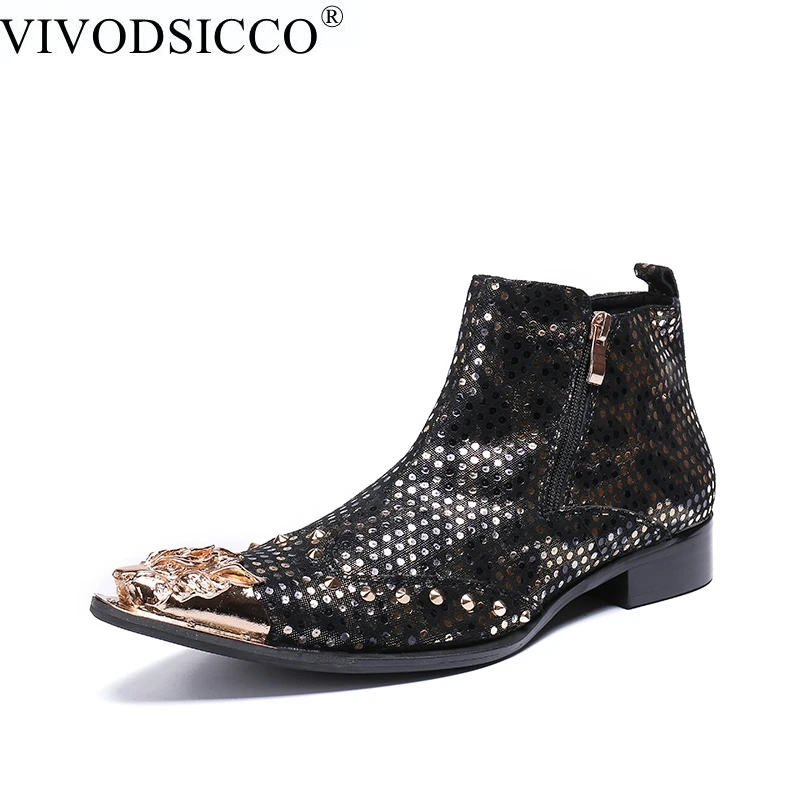 

VIVODSICCO Fashion Luxury Men Boots Genuine Leather Ankle Boots Men Italian Business Dress Shoes Pointed Toe Rivets Cowboy Boots