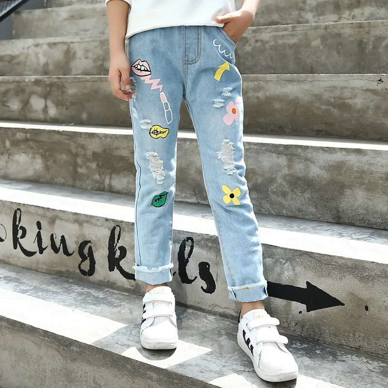 2018 джинсы с дырками для больших девочек на лето и осень джинсовые штаны