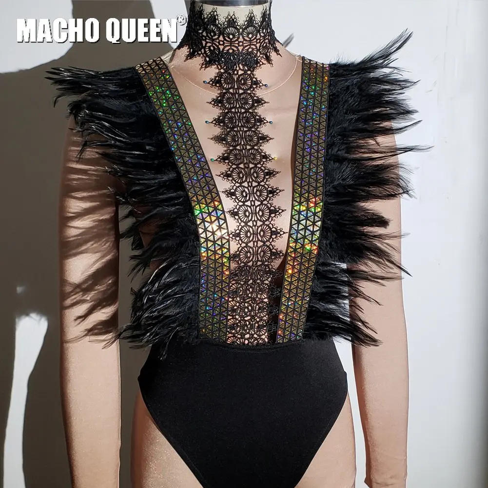 bodysuit Черный перо Хэллоуин Drag queen костюмы голографический боди комбинезон певица сценическое шоу Подиум Женская одежда для вечеринок - Цвет: bodysuit