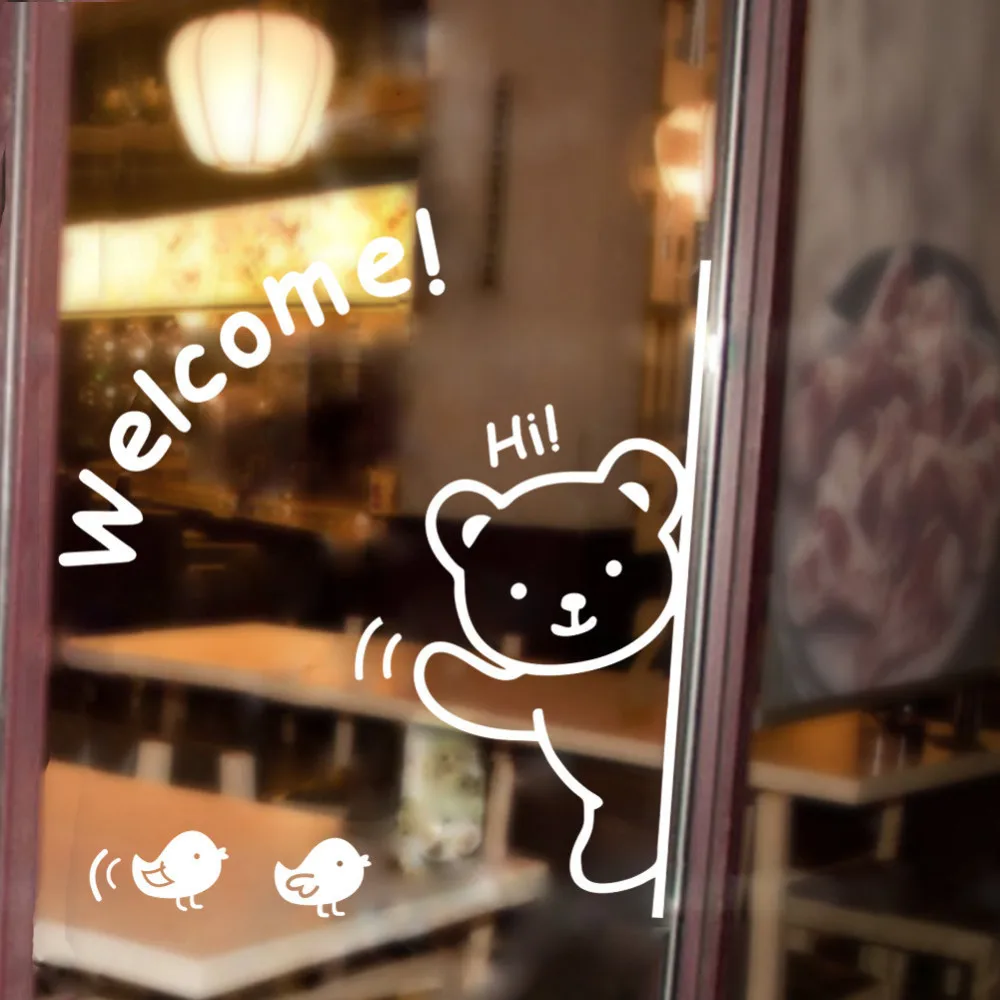 

Cute bear "Welcome" bird 2016 New for glass Removable background waterproof vinyl home decoration wall stickers Decoration