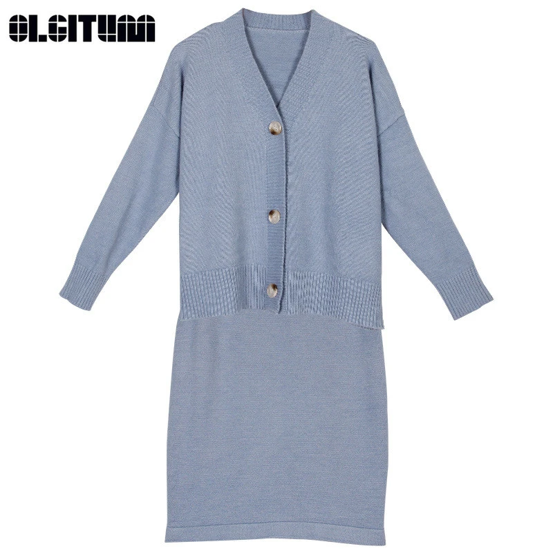 

New Autumn Women Casual Two-Pieces Suits Sweater + Skirt Sets Solid Color Female Loose Sweater Knit Mid Dress Vestidos WS055