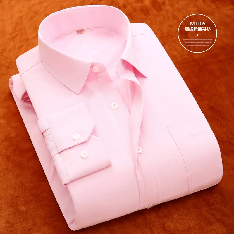 Pink Осенне-зимняя Вельветовая Мужская Однотонная рубашка теплая рубашка с длинным рукавом недорогая Мужская китайская импортная одежда плюс 8XL 5XL 6XL - Цвет: Pink