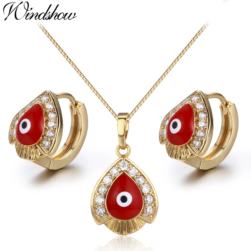 Yellow Gold Color Red Evil Eyes Paved CZ Teardrop Pendant Necklace Hoop Earrings Jewelry Sets for Womens Girls Kids Children|jewelry sets