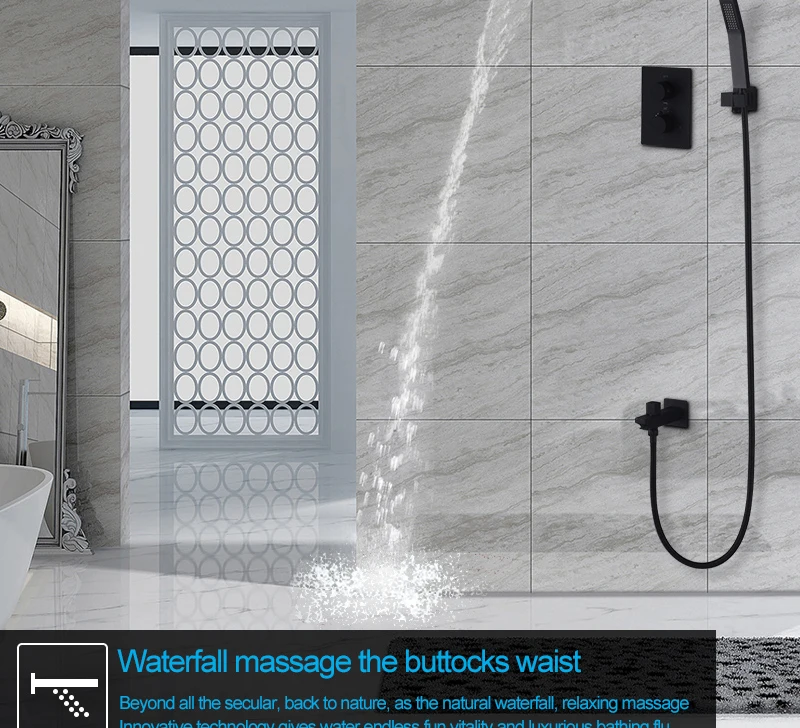 hm Black Shower Термостатический водопад Дождь Насадка для душа и ручной душ из твердой латуни Система смесителей для ванной