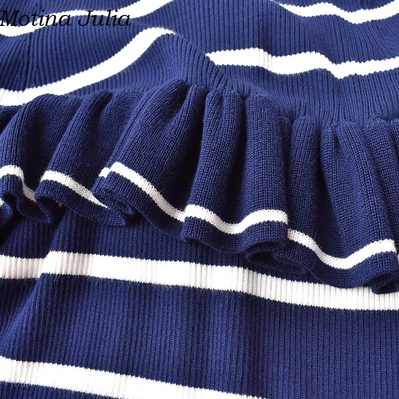 Motina Julia Striped Ruffle cold shoulder knitted sweater women Autumn soft warm chic pullover female Winter party jumper | Женская