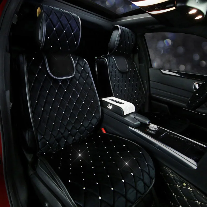Luxury Full Crystal Diamond Car Seat Cover Universal Winter Plush Auto Seat Cushion Interior Accessories Front Seats Covers