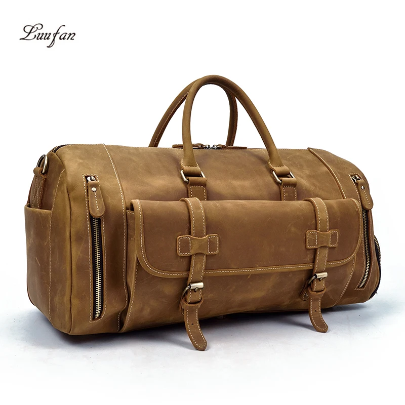 Vintage Men Travel Bag Crazy Horse Genuine Leather Big Travel Duffel Bag With Shoe Pocket Large Luggage Business Bags Handbag