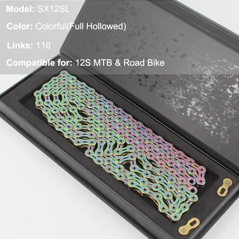 12S SX12SL Color Красочные полые MTB шоссейные велосипедные цепи 116 звенья, велосипедные цепи из нержавеющей стали 6 7 8 9 10 11 12 Скоростей, цепь для горного велосипеда - Цвет: 12S SX12SL Color