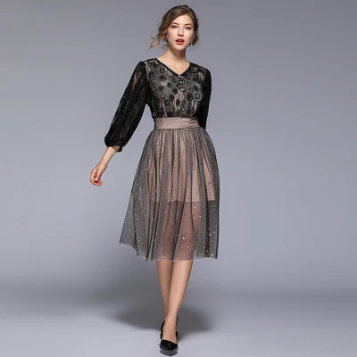 2019 New Summer Fashion Women Lace Mesh Patchwork Party Dress Vintage Lantern Sleeve V-neck Black Princess | Женская одежда