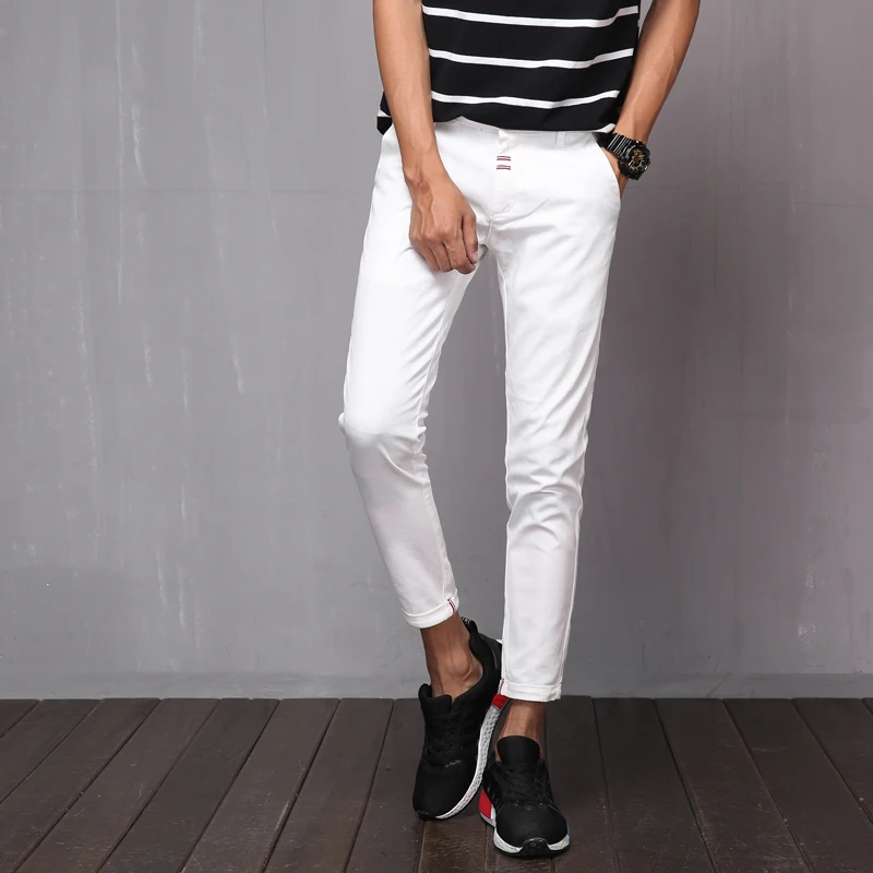 YINOS High Stretch Casual Men Pants Solid Color Ankle-Length Skinny Slim Spring Summer Black White Trousers Homme Pant 2017 | Мужская