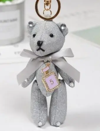 silver Винтажный брелок для ключей, брелоки, модный кулон медведь с бантом, милая мультяшная кожаная сумка, аксессуары, орнамент - Цвет: silver