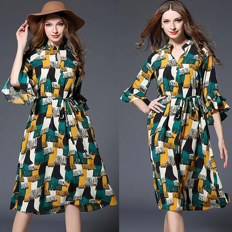 Женская Весна Dress Бабочка Рукавом Мандарин Воротник Sweet Женщины Печати YY 6699|women