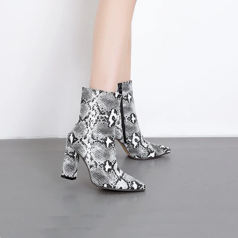 

WETKISS Snake Print Thick High Heels Women Boots Pointed Toe Footwear Patent Pu Female Boot Party Shoes Women 2018 Autumn Black