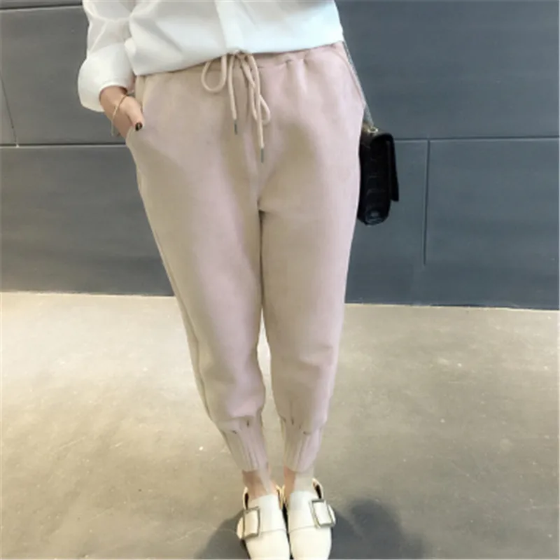 light apricot color Новые Замшевые женские зимние модные штаны-шаровары с высокой талией, спортивные штаны, женские теплые штаны на завязках, женские брюки C3913 - Цвет: light apricot color