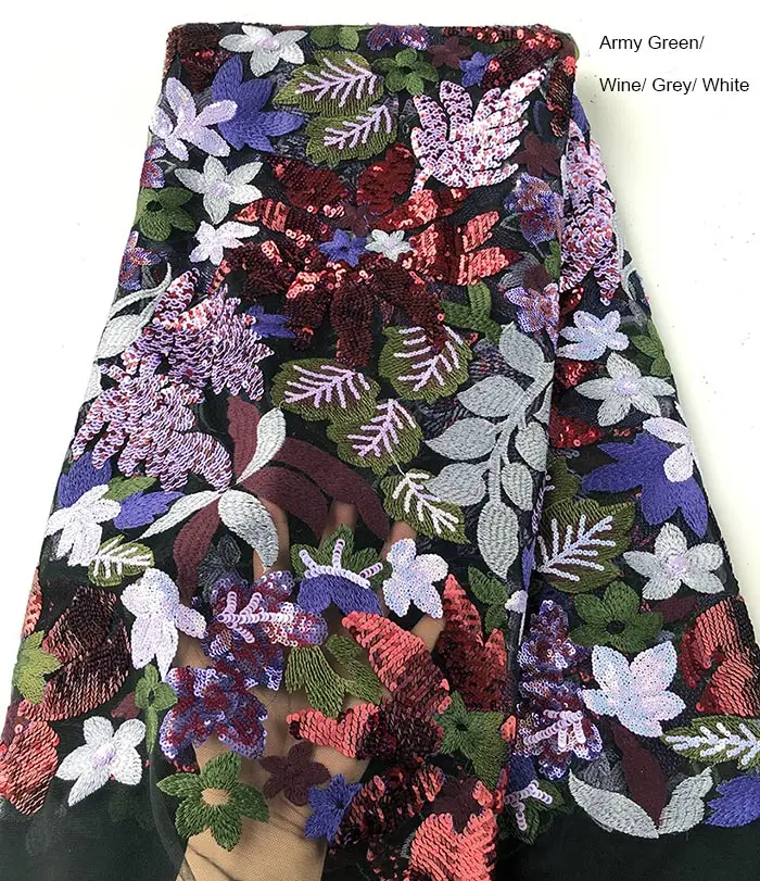 Army green Wine Grey Большая Цветочная вышивка французское кружево богатый тяжелый Свадебный Африканский тюль чистая кружевная ткань для торжества aso ebi 5 ярдов Высокое качество - Цвет: Army green Wine Grey