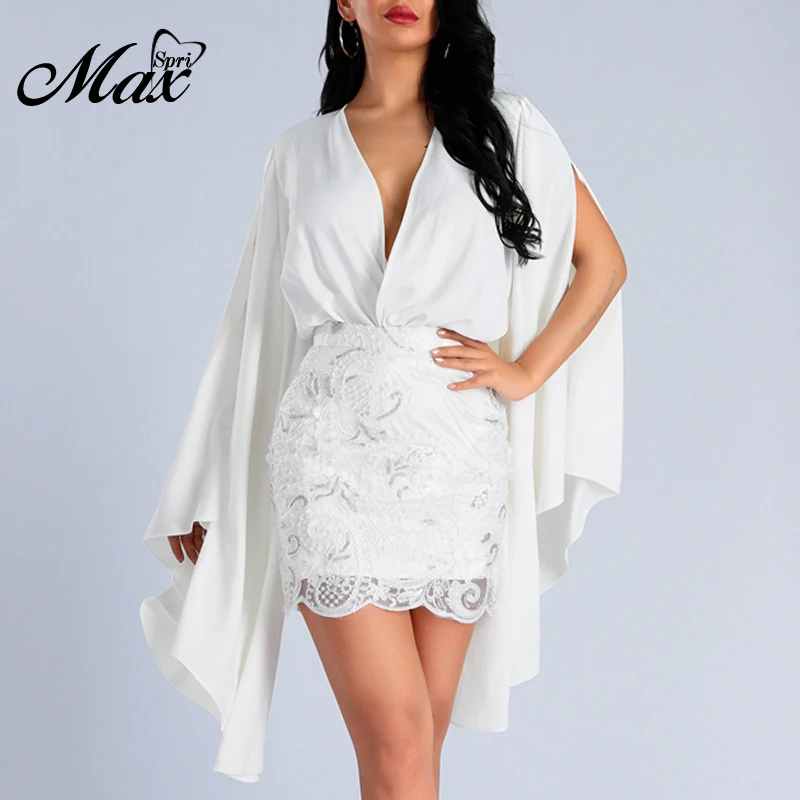 Женское мини платье с глубоким v образным вырезом Max Spri Кружевное облегающее