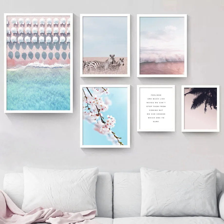 

Beach Sea Zebra Big Leaves Peach Blossom Wall Art Canvas Painting Nordic Posters And Prints Wall Pictures For Living Room Decor