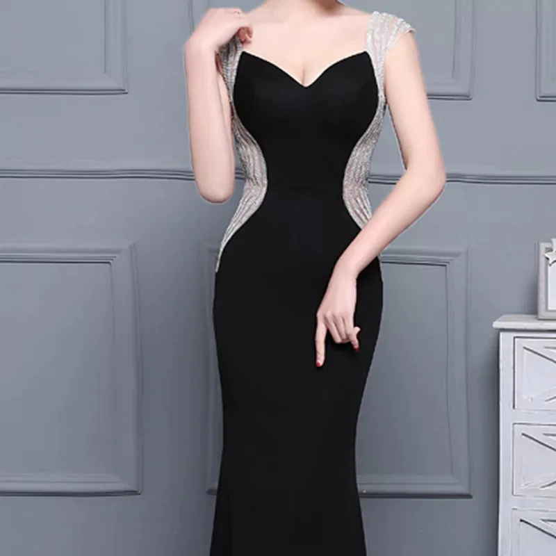 Vestido Longo, стразы, украшение, вечерние платья, длинное, сексуальное, черное, вечернее платье,, Русалка, платья для выпускного вечера, Robe De Soiree