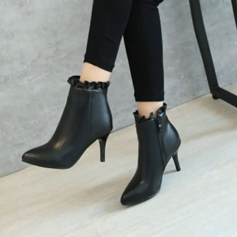 

QPLYXCO 2017 New Big size 32-47 ankle boot short Autumn winter stlye Sexy Women pointed Toe high heels wedding Party shoes A62