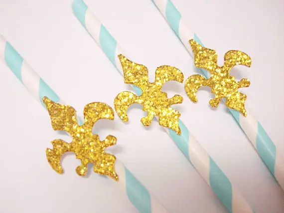 

Золотые блестки Fleur de Lis на синие бумажные соломинки для вечеринки-Свадебные украшения для детского душа/мешалки для напитков/декоративные соломинки