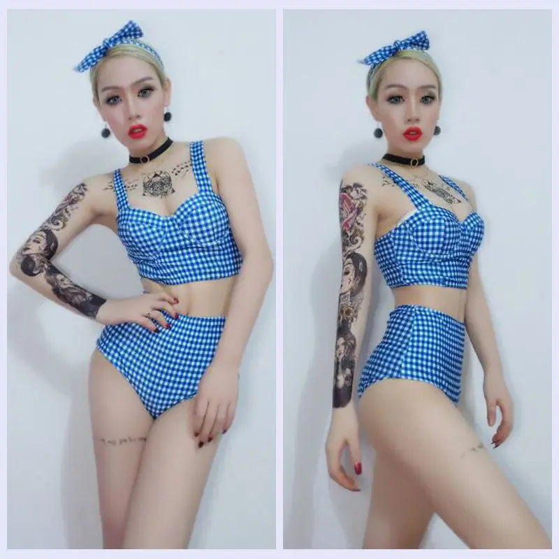 Танцевальные костюмы GoGo голубой комплект в клетку одежда джаз для музыки