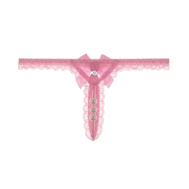 Pink Женские эротические стринги, стринги, сексуальное нижнее белье с вырезами, кружевные трусики с бантом для секса, тянущиеся трусы с бисером и жемчугом - Цвет: Pink