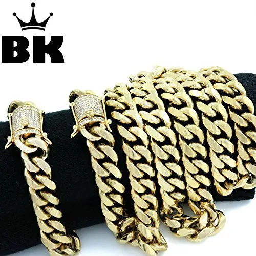 14mm Curb Cuban Chain Set Stainless Steel Mens Iced Out Rhinestone Cuban chain Necklace 80cm & cuban bracelet 23cm