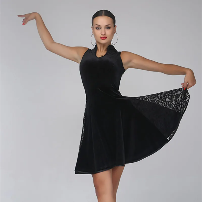 

Черный бархатный латинский танец платье женское латинское платье Румба ча платье латинское Сальса современный танцевальный костюм Одежда ...