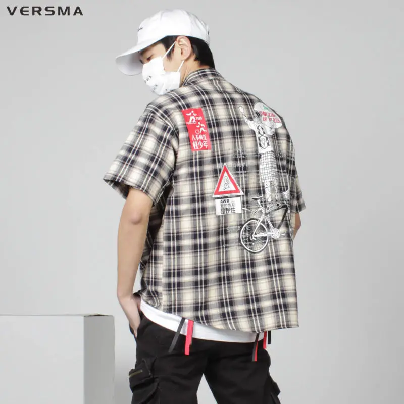 VERSMA Korean Harajuku Ulzzang Graffiti Printed Plaid Shirts Men Hip Hop Streetwear Vintage BF Oversized Short Sleeve Shirt Male | Мужская