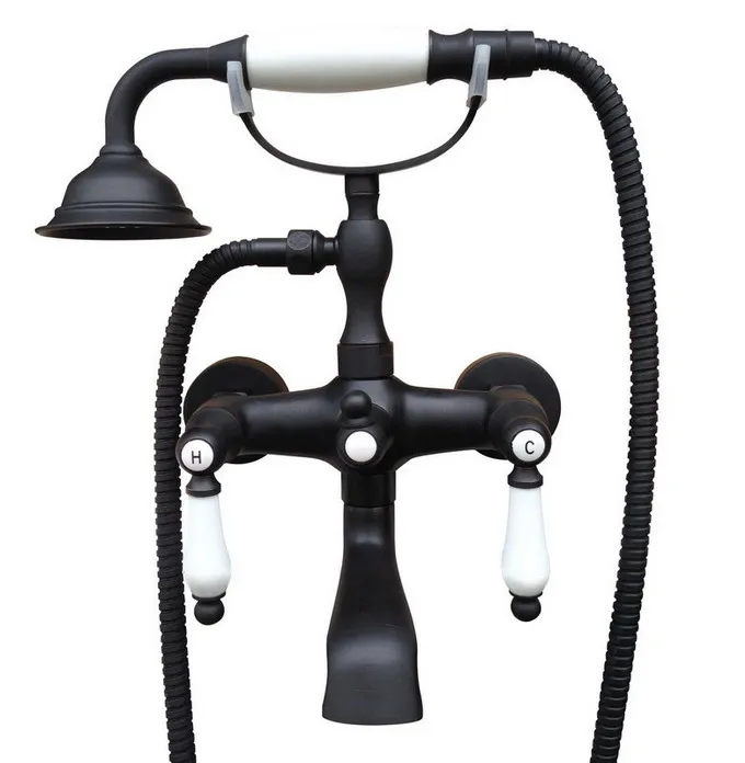 

Black Oil Rubbed Brass Double Ceramic Handles Wall Mounted Claw Foot Bathroom Tub Faucet Mixer Tap With Handshower mtf613