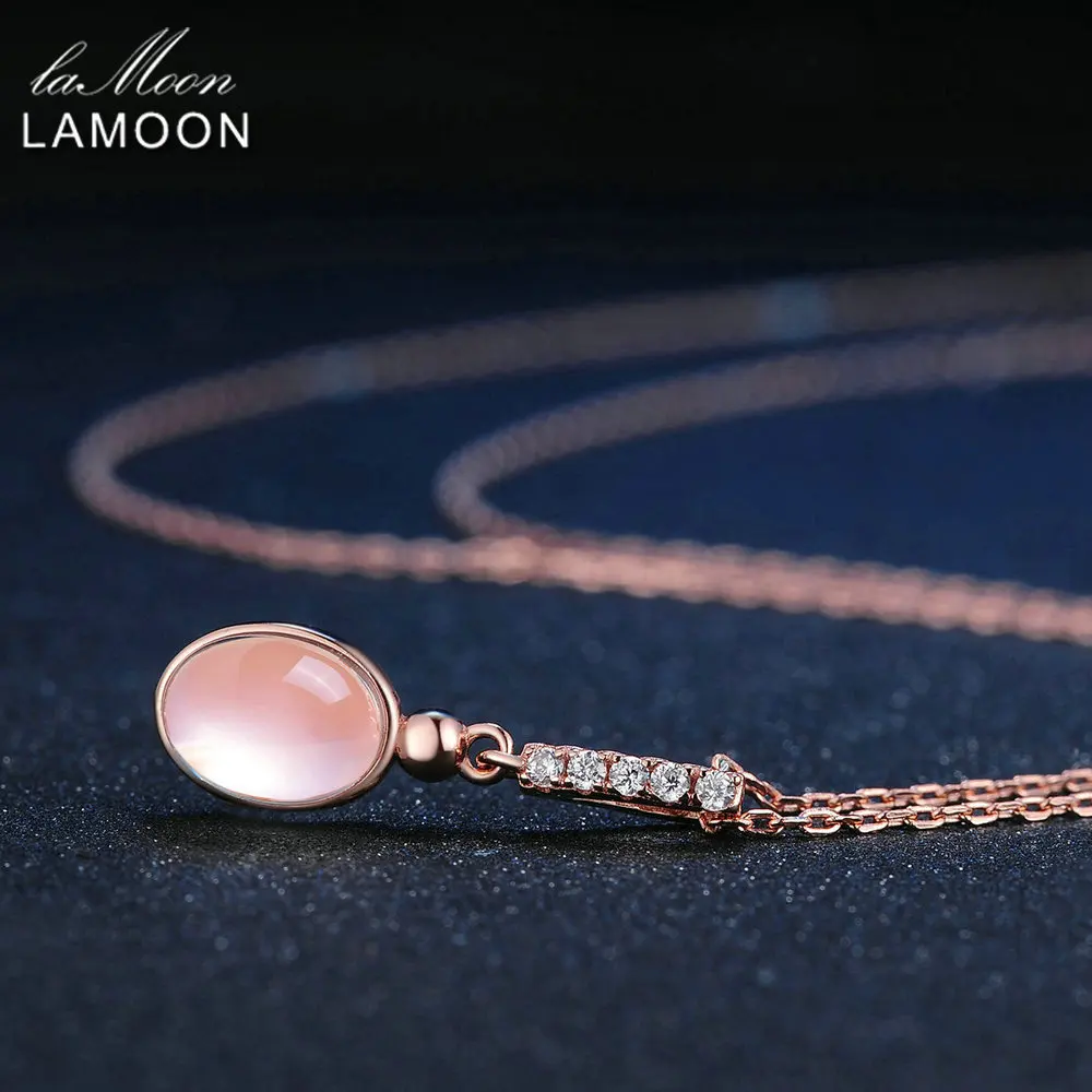 LAMOON 925 пробы Серебряное ожерелье Овальный розовый кварц кулон 18K розовое золото