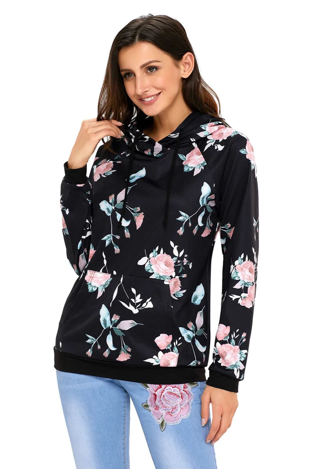 

Autumn Women Long Hooded Sweatshirt Floral Printed Long Sleeve Loose Big Pocket Female Pullover Drawstring Hoodies E250322