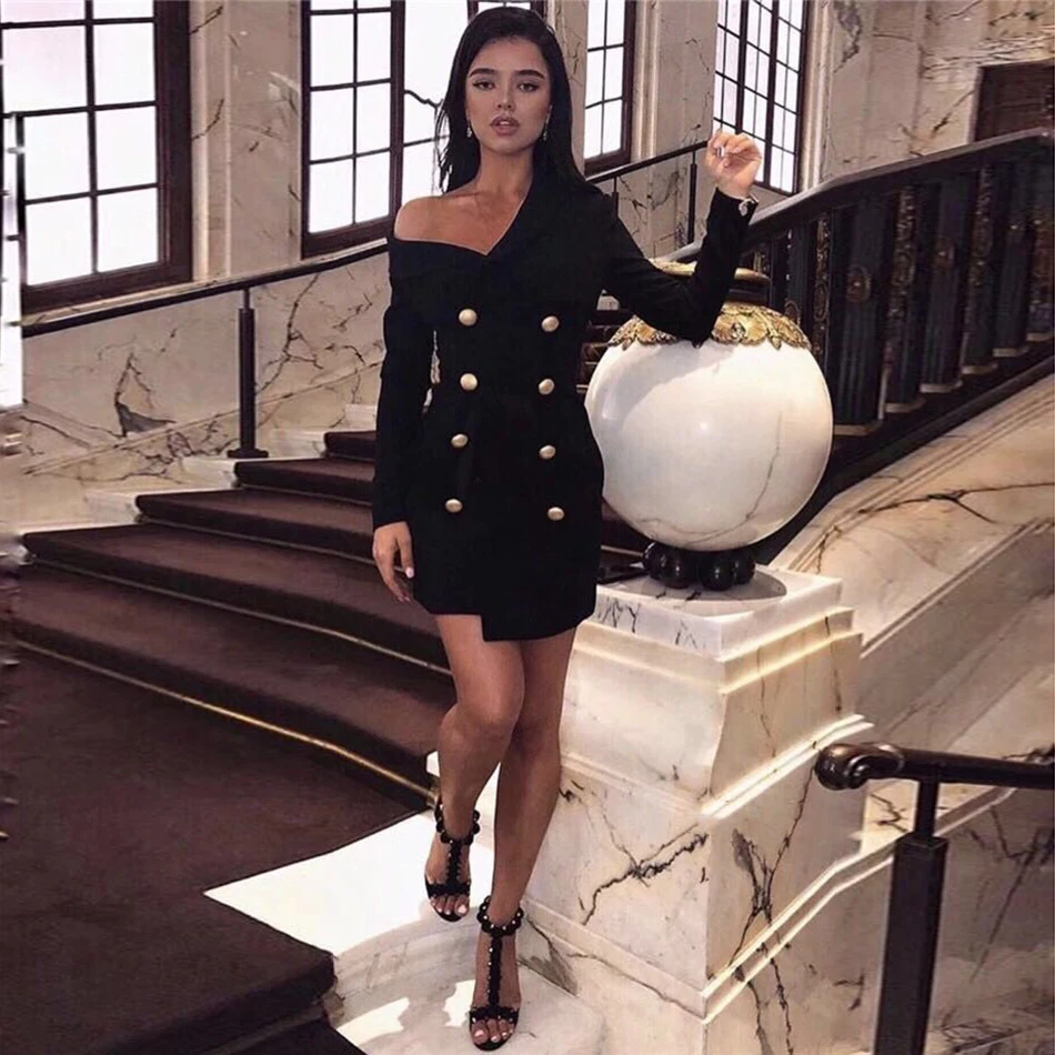 New fashion women's senior sleeve v-neck runway party dress Vestidos Bodycon jacket gold button winter sexy dress