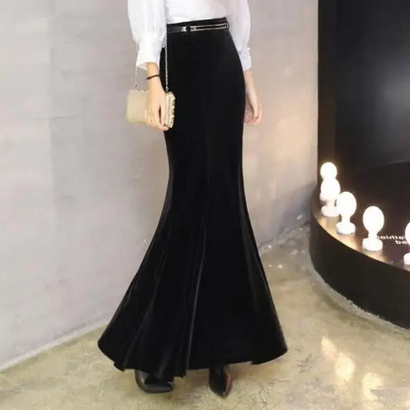 Женская бархатная юбка Русалочка облегающая однотонная винтажная длиной до пола