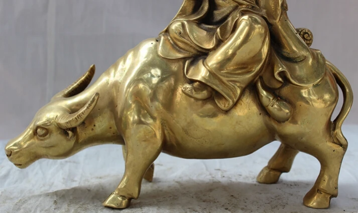 song voge gem S4956 9&quot Chinese Brass Taoism Literati Philosopher Lao Zi Tzu Ride Bull Ox Statue | Дом и сад