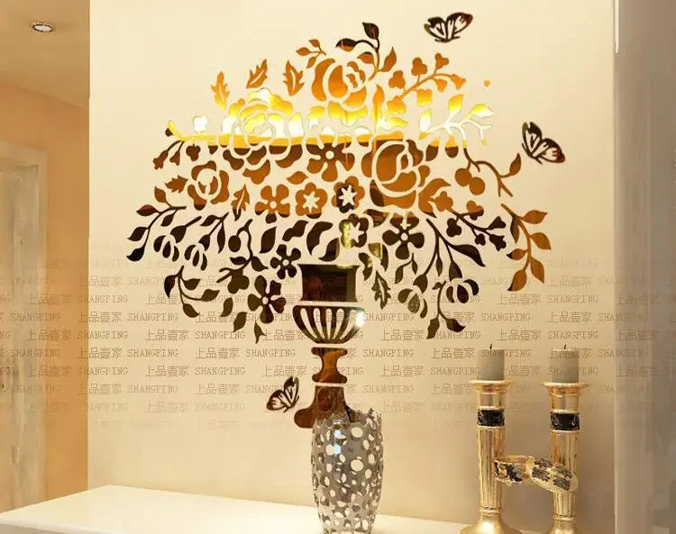 Золотая ваза цветов Хрустальная акриловая зеркальная настенная наклейка