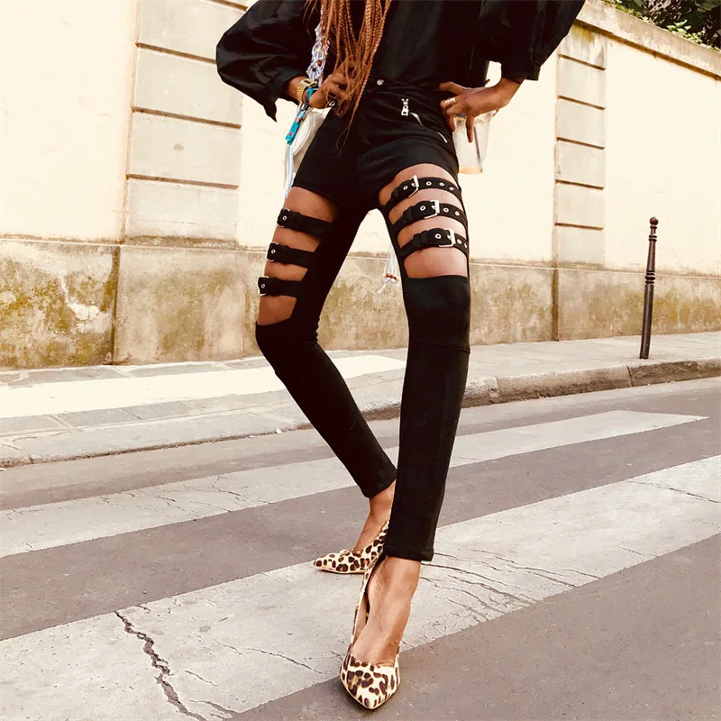 Черные женские брюки в стиле панк с пряжкой узкие карандаш модные леггинсы|Брюки|