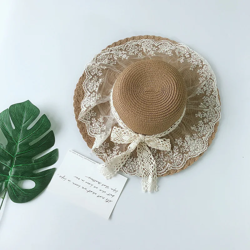 Lace Princess Panama Children Hats Bow Beach Baby Cap for Girls Straw Girl Hat Summer Kids Caps 1PC | Детская одежда и обувь